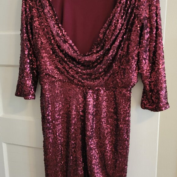 Badgley Mischka Collection Cowl Back Full Sequin Burgundy Holiday Dress - Picture 4 of 6